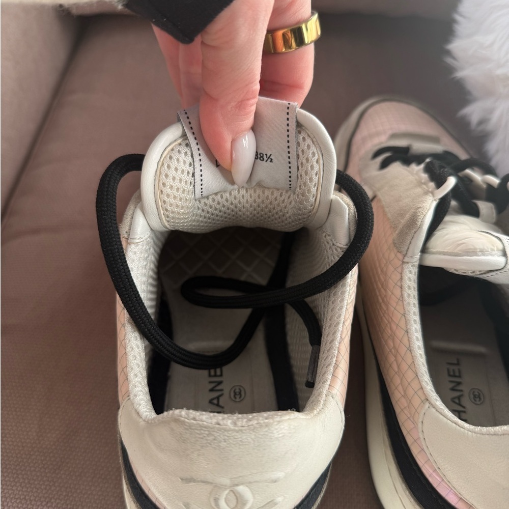 CHANEL CC Suede & Calfskin Sneakers,Size 38.5 (Fits US 8.5/EU 39)Pink/Grey/White - Picture 8 of 15